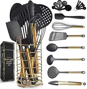 Black and Gold Kitchen Utensils Set with Stainless Steel Holder  18-Piece Nylon Cooking Utensils with Measuring Cups and Spoons  Stylish Gold Kitchen Accessories for Baking and Cooking