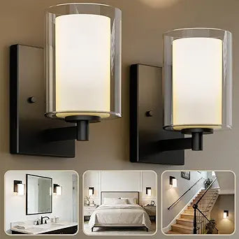 Kalium Wall Sconces Set of Two, Modern Vanity Lights with Double Clear Glass Shade Matte Black Indoor Farmhouse Wall Lights for Bathroom Living Room Bedroom Mirror Hallway Bulb E26 Base (2PCS)