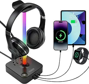 cozoo Headphone Stand with Charger, USB C, Gifts for Gamers Men, Black Pro