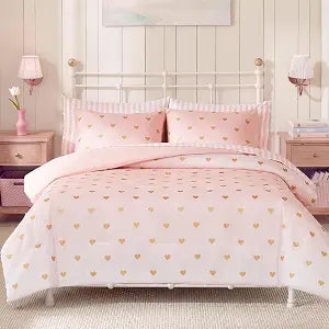BLOOMHAVEN Twin Comforter Set with Sheets for Girls-5 Pieces Twin Bedding Sets with Pink Comforter, Sheets, Pillowcase & Sham for Kids (Pink Gold Heart, 66" X 86")