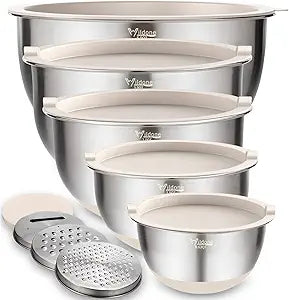Wildone Mixing Bowls with Airtight Lids Set, 5PCS Stainless Steel Khaki Nesting Bowls for Kitchen, with Grater Attachments & Non-Slip Bottoms, Size 5, 3, 2, 1.5, 0.63 QT, Great for Mixing & Serving