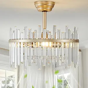 20" Gold Crystal Fandelier Ceiling Fans with Lights, Crystal Chandelier Ceiling Fans with Lights Remote Control, Caged Modern with 6 Speeds for Bedroom, Living Room, Nursery