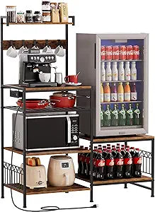Portin Mini Fridge Stand Coffee Bar Cabinet with Power Outlet, Mini Fridge and Microwave Stand with S-Hooks, 7 Storage Shelf Rack for Dorm,Office - Kitchen Bakers Rack
