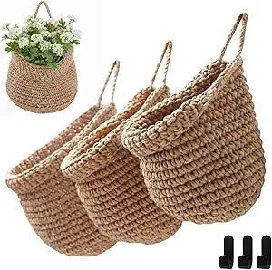 Honeydak Boho Decor Hanging Wall Baskets for Kitchen 3 Pack Teardrop Baskets with Hooks Storage Fruit Onion Vegetable Potato for Home 3 Sizes(Light Linen,Barrel,Cotton Rope)