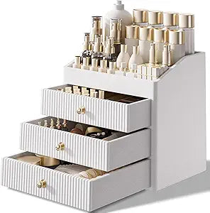 LADSTAG Vanity Organizers,Luxury Skincare Organizer with 3 Tier Drawers,Beige White Large Capacity Cosmetic Organizer Countertop for Makeup Brush,Dresser,Bedroom,Bathroom,Mom Gifts,Mom Birthday Gifts