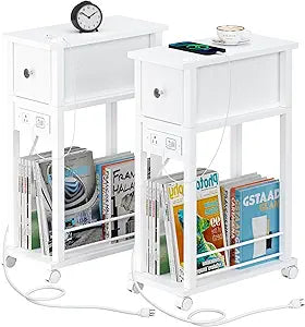 DGSANDGO White Side Table Set of 2,Side Table with Charging Station and Drawer, Narrow End Table with USB Ports and Outlets for Small Space, Living Room, Bedroom and Office, with 4 Wheels