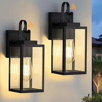 2 Pack 11.8-inch Dusk to Dawn Outdoor Wall Lights, Black Exterior Light Fixture with Clear Tempered Glass, IP65 Waterproof All-Metal Sconce for Porch, Front Door, Garage