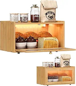 Trironsun Bamboo Bread Box with Led Light for Kitchen Counter Large Capacity Bread Storage Container Kitchen Countertop Organizer with Window Bread Holder (Natural Bamboo)