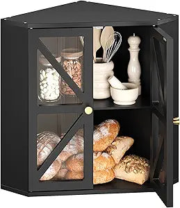 Trironsun Corner Bread Box for Kitchen Countertop Bamboo Bread Storage Cabinet with X-Pattern Acrylic Doors Transparent Bread Keeper Organizer (Black)