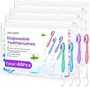48 Pack 5-in-1 Mini Toothbrush Disposable, Prepasted Toothbrushes