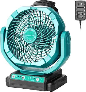 Battery Powered Fan Compatible with Makita 20V Battery Portable Cordless Fan with AC Adapter, Variable Speed, Timer Settings, 135 Adjustable Angle for Camping, Jobsite