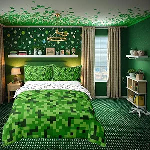 Castle Fairy Twin Size Duvet Cover Green Pixelated Theme Gamer 100% Pure Cotton Bedding Set Video Games Bedding Set (No Filler) Cartoon Gamepad Comforter Cover for Room Decor 2 PCS