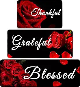 Tinideya 3 Pcs Red Rose Kitchen Rug Set Red Rose Kitchen Decor Rug Non Slip Floor Mat Farmhouse Country Rugs and Mats Decor Accessories, 20 x 32'', 20 x 47'', and 20 x 59''
