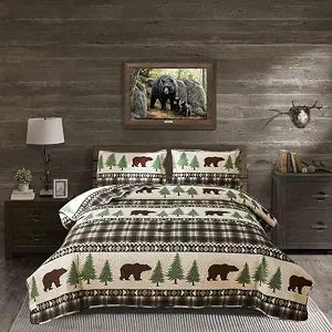Quilt Set Queen Size Rustic Lodge Plaid Quilt Bed Spread Country Cabin Brown Bear Bedding Lightweight Reversible Quilts Home Bedspread Coverlet with 2 Pillow Shams