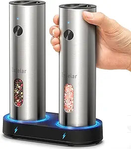 Zadelar Rechargeable Electric Salt and Pepper Grinder Set with USB-C Charging Base, Stainless Steel Automatic Salt and Pepper Shakers, Adjustable Coarseness, LED Light, Large Capacity, Kitchen Gift