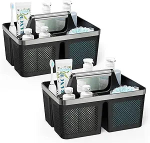 BYUNER 2Pack Shower Caddy Dorm: Portable Bathroom Caddy Organizer with Handle, Plastic Hard Shower Basket Storage Tote for Toiletry, Drainage, College Dorm Room Essentials, Black