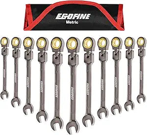 Egofine Flex Head Ratcheting Wrench Set 11 Piece, Metric Wrench Set, CR-V Steel 6-15mm Wrench, 72-Teeth Combination wrench set, Nickel Plating Ratchet Wrenches Set with Tool Roll Bag