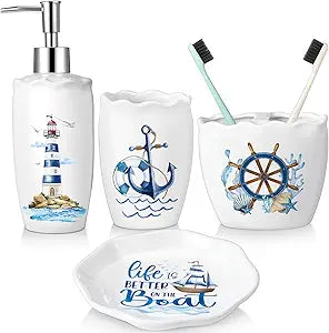 Newtay Nautical Bathroom Accessories Set of 4, Coastal Lighthouse Compass Anchor Sailboat Tumbler Soap Dispenser Toothbrush Holder Soap Dish for Ocean and Sea Coastal Theme Bathroom Decoration