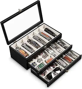 Knife Display Case, 3-Layer Pocket Knife Case Display & Storage Knives, Solid Wood Knife Case for Collections, Gift for Boyfriend Fathers Day Birthday Gifts(Black)