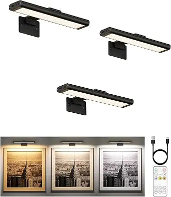 EZVALO Picture Light for Wall, Rechargeable 2400mAh Lights Wireless with IR Remote, 3 Color & Dimmable Magnetic 7.8'' LED Lights Display for Painting, Living Room, Gallery, Bedroom(Black-3P)