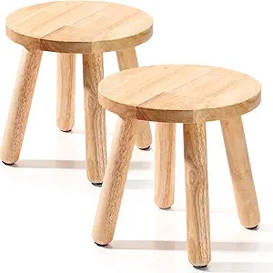 Wenqik 2 Pcs Round Small Wooden Step Stool 10 Inch Plant Stool with Four Detachable and Assembled Legs for Sensory Table Garden Kitchen Bathroom Bedroom