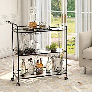 Black Bar Cart, Home Bar Serving Cart with Handle, Wine Cart with 3-Tier Glass Shelves, Beverage Cart with Wine Rack and Glass Holder, Bar Carts for The Home, Dining Room, Living Room