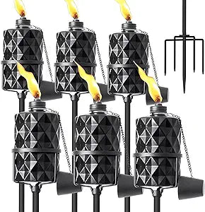 6 Pack Glass Citronella Torches, 13.5 oz Outdoor Garden Torch, 55 Inch 5-Prong Grounded Stake Torches, Metal Torches with Fiberglass Wick for Yard, Patio, Deck, Garden, Party, Landscape Decor
