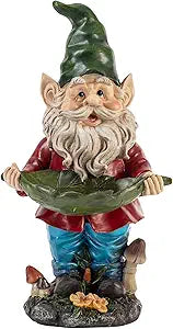 Alpine Corporation 16" Tall Outdoor Garden Gnome and Bird Feeder Yard Statue Decoration