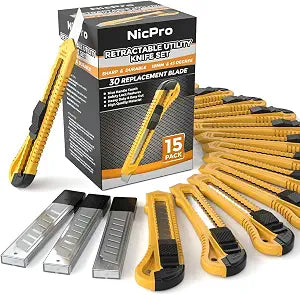 Nicpro 15 Pack Utility Knives with 30 PCS Extra Blades, Plastic Box Cutters