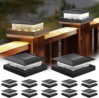 12 Pack Solar Post Cap Lights 4x4, Dual-Color Waterproof Fence Post Solar Lights, Fits 4x4 Vinyl or 3.5x3.5 Wood Posts, Dusk to Dawn Outdoor Lighting for Deck, Garden & Porch Decor, Black