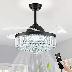 42'' Fandelier Ceiling Fans with Light, Chandelier Ceiling Fan, Retractable Ceiling Fan for Bedroom, Living Room, 3 Color Change, LED Dimmable, 6 Speeds, Reversible DC Motor- Black