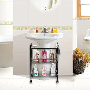 2-Tier Under Sink Organizer Multipurpose Movable Rolling Cart Storage Cabinet Basket for Bathroom Kitchen with Hand Towel Bar, Black