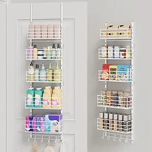 SWTYMIKI Over The Door Organizer - Door Organizer Hanging with 5 Adjustable Metal Large Capacity Basket and 6 Coat Hook, Wall Mounted Shelves for Bedroom Closet Bathroom Laundry Pantry Kitchen