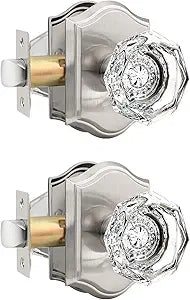 Gobrico--2 Pack Clear Crystal Door Knobs,Diamond Glass Passage Door Handle Knob for Closet Hallway,Antique Keyless Interior Door Locks with Satin Nickel Rosette