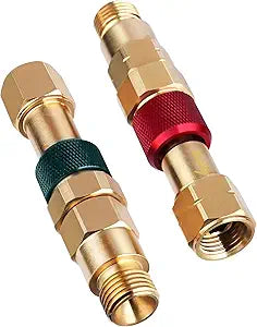 Upgraded QDB10 Torch to Hose Quick Connect Set, With Check Valves. Brass construction color coded for safety (oxy/green, fuel/red).