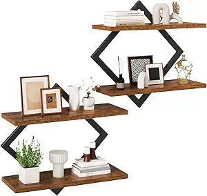 IBUYKE Floating Shelves,15 Inch Wall Shelf Set of 2,Wall Mounted Shelves,2 Tier Hanging Decorative Storage Shelf for Living Room, Bedroom, Bathroom, Kitchen TFS003H-2