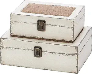 Rustic Ivory Decorative Storage Boxes with Lids Set of 2, Farmhouse Wooden Boxes for Home Decor, Keepsake Boxes Memory Gift Boxes for Living Room, Coffee Table, Entryway, Bedroom