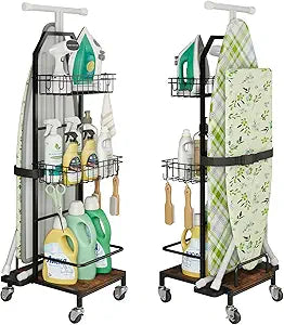 Ironing Board Holder Cart for Small & Narrow Laundry Rooms, Freestanding Iron & Ironing Board Storage Rack for T & X Boards with 3-Tier Shelves, Rolling Metal Wheels, Hooks, No Wall Mount