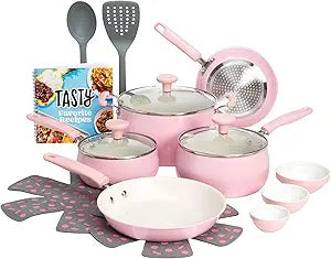Tasty Clean Ceramic Non-Stick Aluminum Cookware Set, Tempered Glass Lid, Dishwasher Safe, 16-Piece, Pink