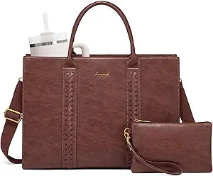 LOVEVOOK Vintage Leather Handbag for Women, Professional 17 inch Laptop Bag, Waterproof Computer Briefcase