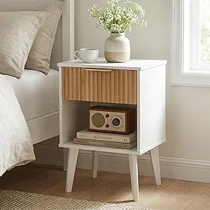 MAHANCRIS White Fluted Nightstand, Modern Bedside Table with Drawer and Opening Storage, Night Stand with Wood Legs, End Table Side Table for Living Room, Bedroom, Small Space, Natural ETBN6201