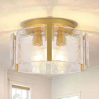15" Gold Semi Flush Mount Ceiling Light, 3-Light Modern Drum Glass Dining Light Fixture, Dimmable Ceiling Mount for Hallway Entryway Foyer, Kitchen Over Island, Bedroom Bathroom Laundry Room Farmhouse