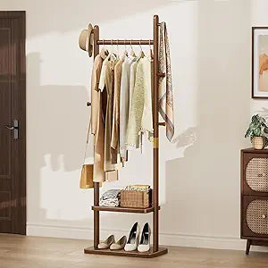Taitiy Solid Wood Coat Rack, Freestanding Clothing Rack with 2 Shelves Storage & 5 Hooks, Heavy Duty Clothes Rack Stand for Hall, Bedroom, Living Room