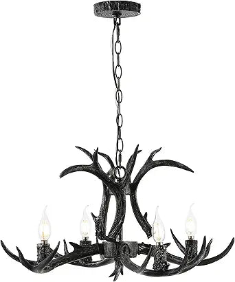 JONATHAN Y 26" Black 4-Light Resin Faux Horn Antler Chandelier Rustic Farmhouse Hanging Light for Dining Room Living Room Cabin with Sloped Ceiling Compatible LED Bulbs Included (JYL6301D)