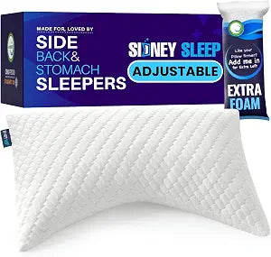 Sidney Sleep Adjustable Bed Pillow for Neck and Shoulder Support with Extra Shredded Fill - Cervical Contour Pillow for Side and Back Sleepers. Standard Size 19" x 26" CertiPUR-US Certified (White)
