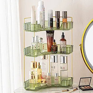 shuang qing 3-Tier Corner Bathroom Counter Organizer  Classic Storage Shelf for Makeup, Perfume & Toiletries, Space-Saving Countertop Tray Fits Bathroom, Dresser, Kitchen (Sage Green)