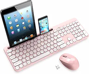 LeadsaiL Pink Wireless Keyboard and Mouse Combo, Full-Sized Ergonomic Computer Keyboard with Phone Tablet Holder, 2.4GHz Silent Cordless Keyboard Mouse Set for Windows Laptop, PC, Desktop