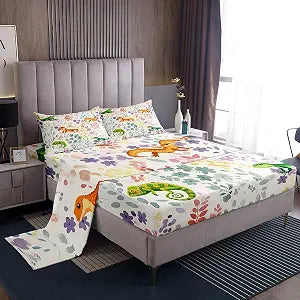 Erosebridal Reptile Lizard Bedding Set Twin Size,Cartoon Gecko Chameleon Bed Sheets Set for Kids Girls Boys,Cute Colorful Floral Sheets Wildlife Animal Fitted Sheet Set 3Pcs with 1 Flat Sheet