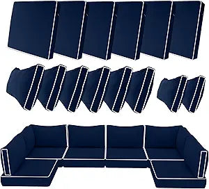 14 Piece Outdoor Patio Cushion Covers Replacement, Waterproof Outdoor Furniture Cushion Covers, Fit 7 Pcs 6 Seater Wicker Rattan Conversation Sofa Set, Navy Blue+White Piping(Only Cover) 25.6x25.6"