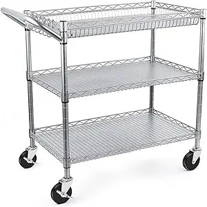 WDT Heavy Duty 3 Tier Utility Cart,Wire Rolling Carts with Wheels, Commercial Grade Service Cart with Shelving Liners and Handle Bar Metal Carts for Kitchen Office Hardware